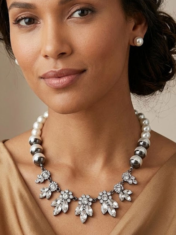 Flower and pearl statement necklace set