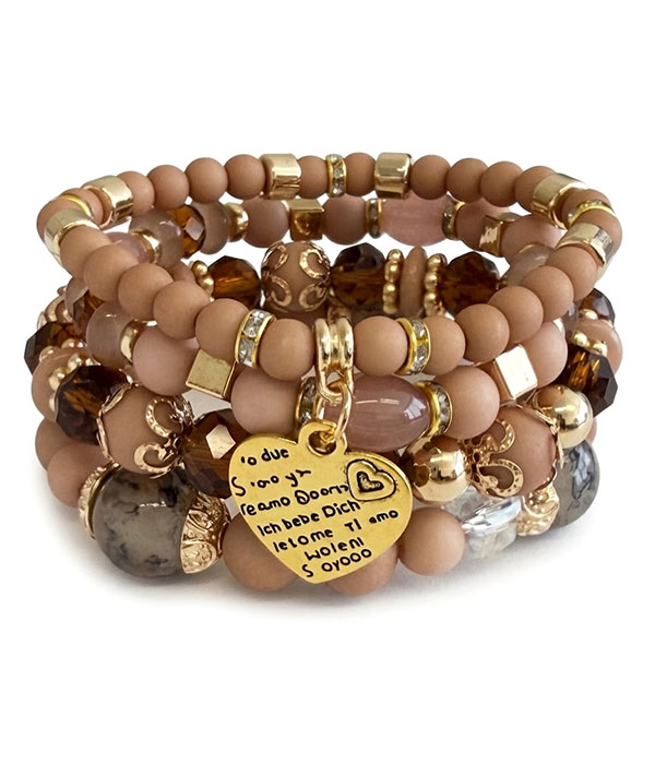 Boho style multi bead and heart charm stackable stretch bracelet set