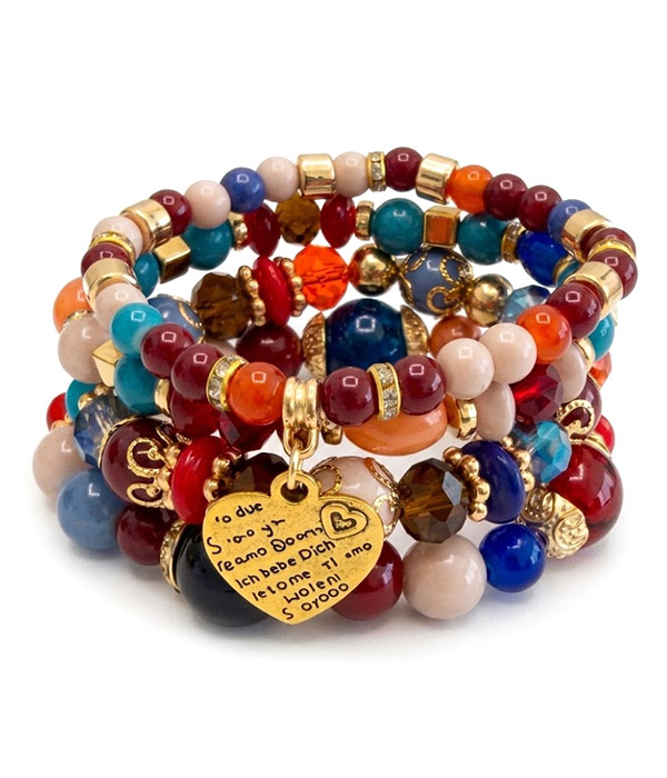 Boho style multi bead and heart charm stackable stretch bracelet set