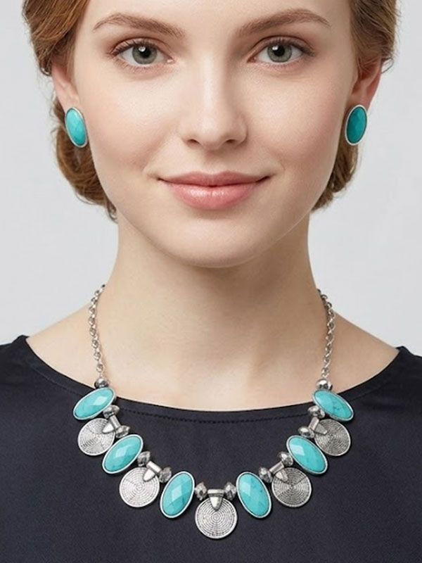 Facet stone and texture metal disk statement necklace set