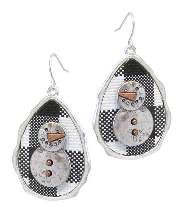 CHRISTMAS THEME BUFFALO PLAID PATTERN TEARDROP EARRING - SNOWMAN
