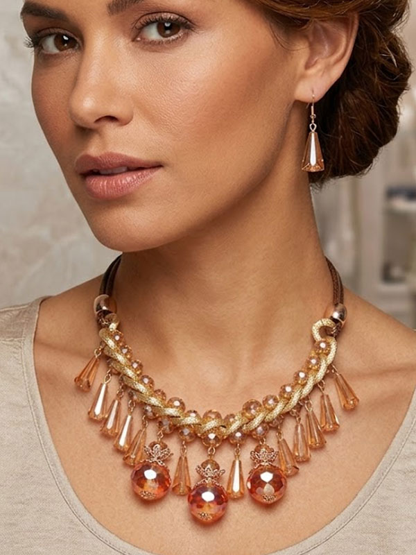 2 layer drop crystals chain statement necklace set