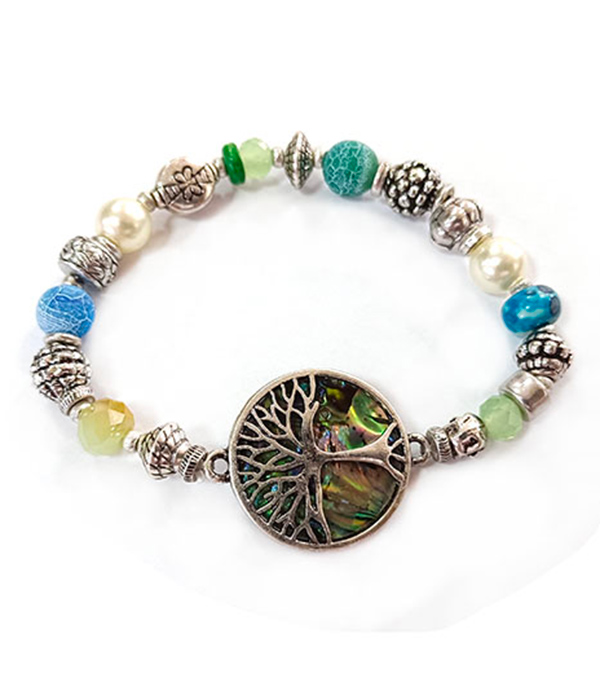 Abalone tree of life semi precious stone and metal ball bead stretch bracelet