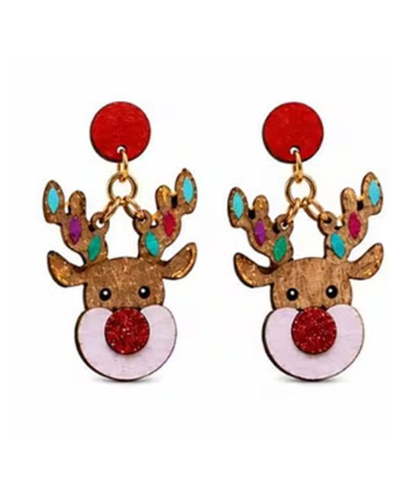 Christmas reindeer wood earring