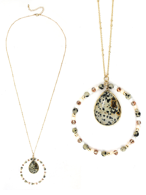 Semi precious teardrop and hoop pendant long necklace - dalmatian jasper