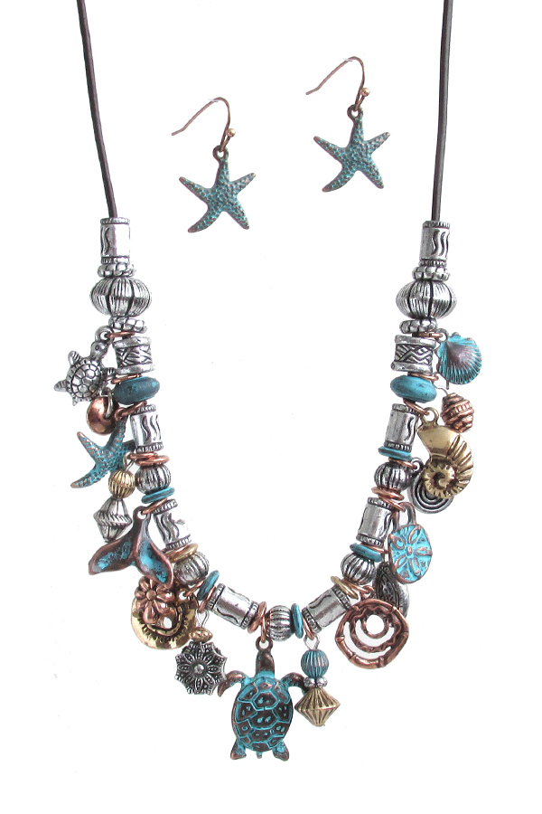 Vintage rustic sealife theme multi charm cord necklace set - turtle