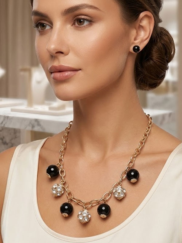 Multi beads drop chain statement necklace set
