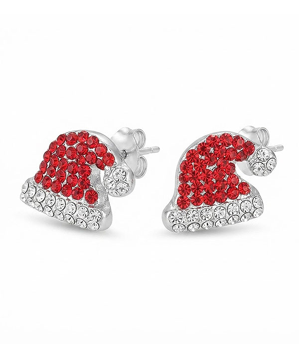 Santa hat earrings with red and white rhinestones