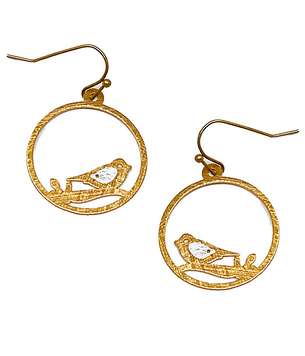 SCRATCH METAL BIRD ON BRANCH HOOP EARRING