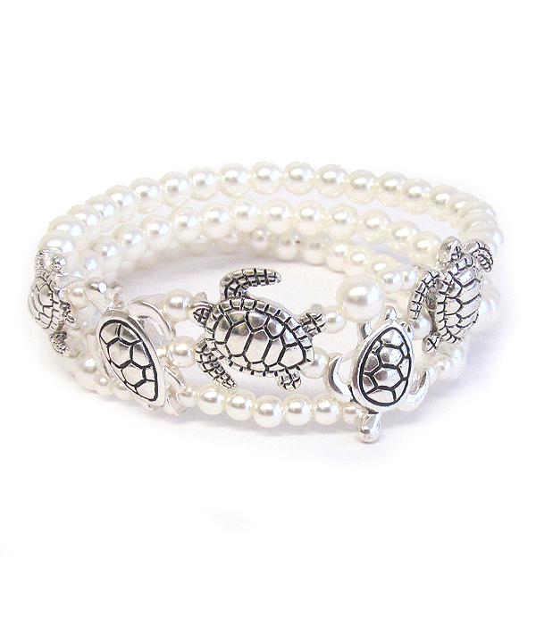 Sealife theme multi pearl layer stretch bracelet - turtle