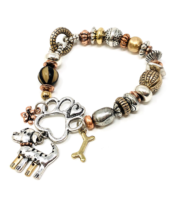 Pet lovers theme multi bead mix stretch bracelet - dog