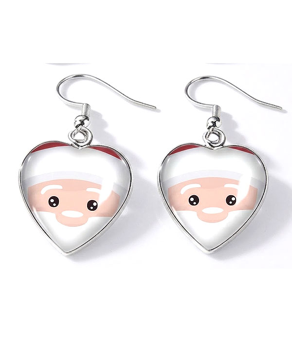 Christmas puffy glass heart earring - santa