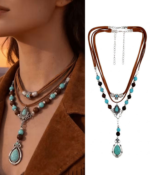 Vintage turquoise and suede double necklace set