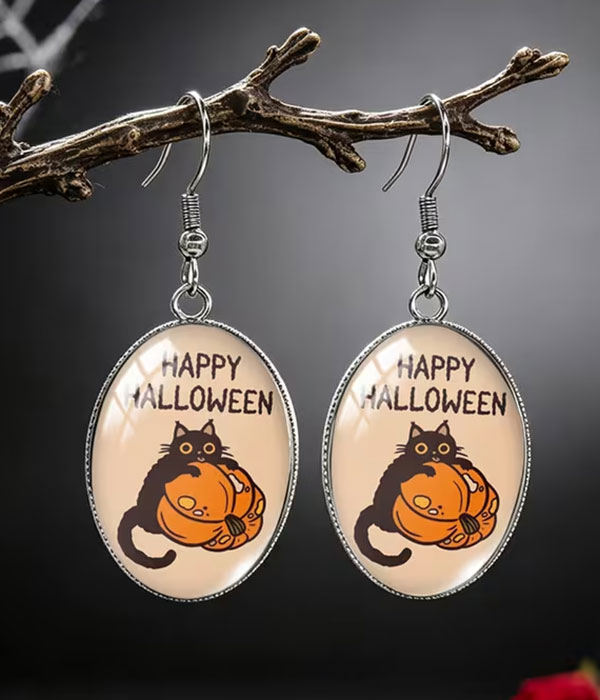 Halloween cat and pumpkin puffy glass earring