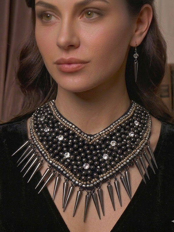 Multi dark stones  bib style with pointy drop statement necklace set