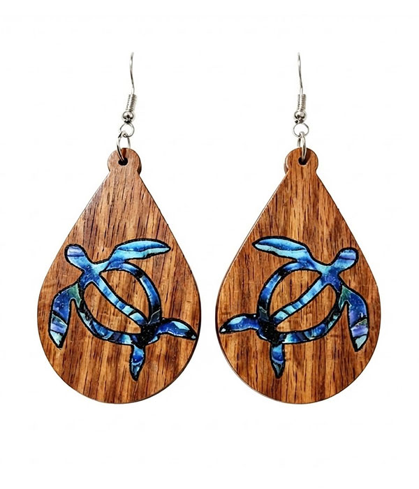 Turtle teardrop wood earring