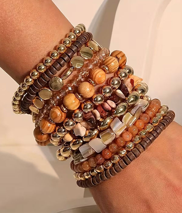 Wood and stone bead mix 12 stackable stretch bracelet set