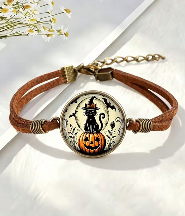 Halloween puffy glass leatherette bracelet - cat pumpkin