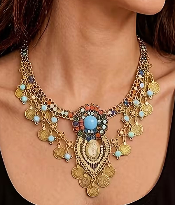 Boho coin gemstone statement necklace