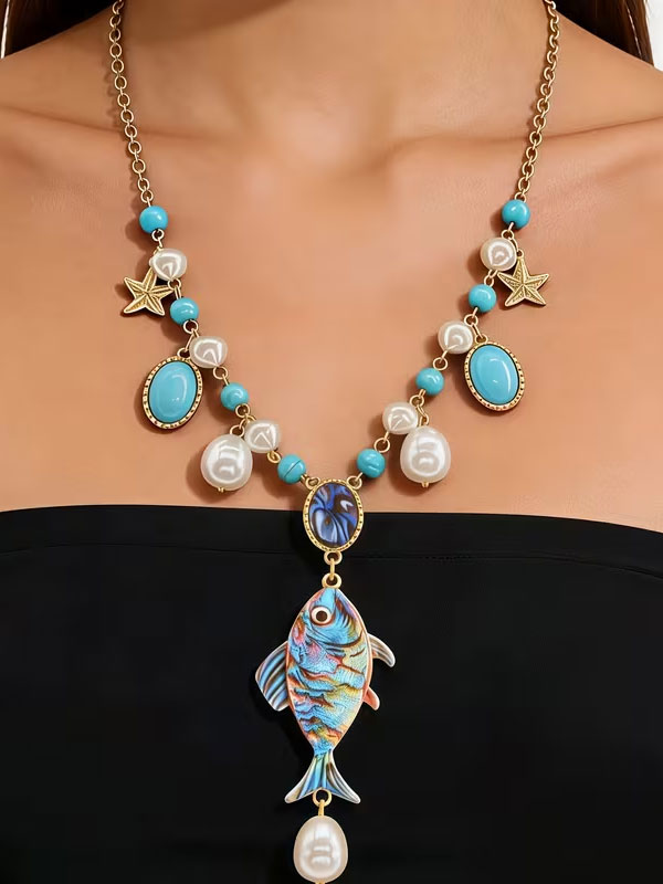 Coastal fish turquoise pearl necklace