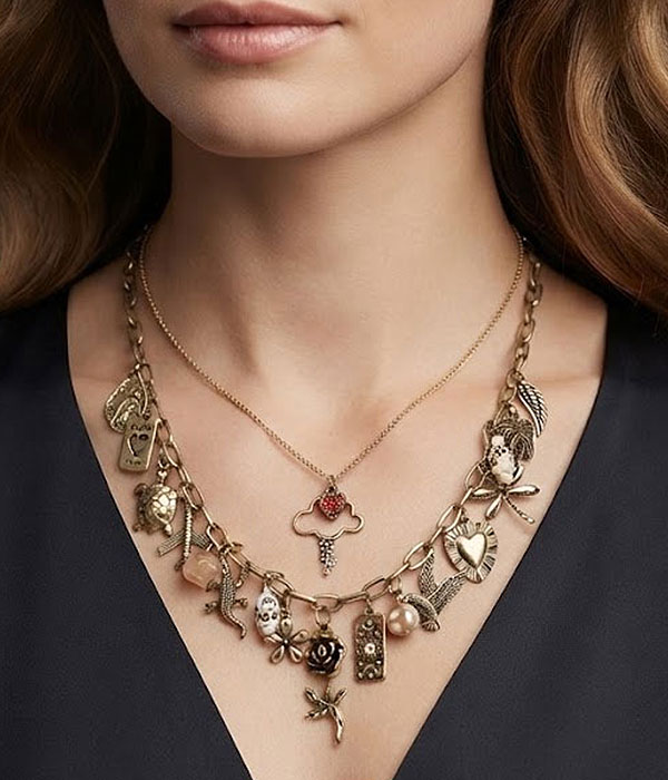 Vintage gold multi charm layered necklace