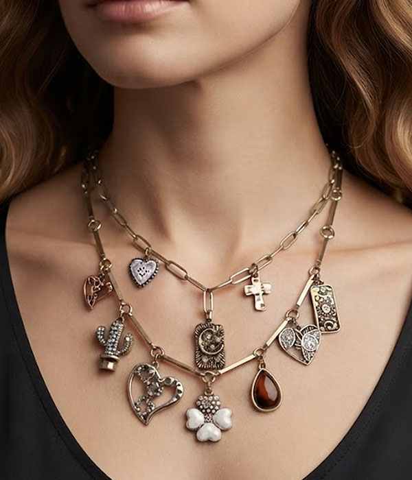 Vintage gold western charm layered necklace