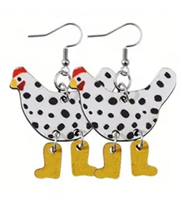 Farm theme wood chicken boots earring