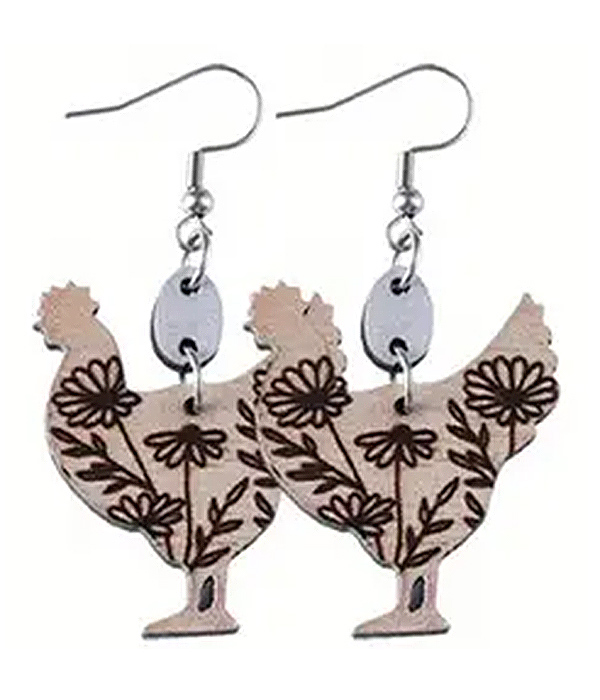 Farm theme wood chicken boots earring