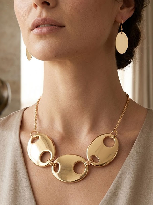 Triple designer oval link statement necklace earring set