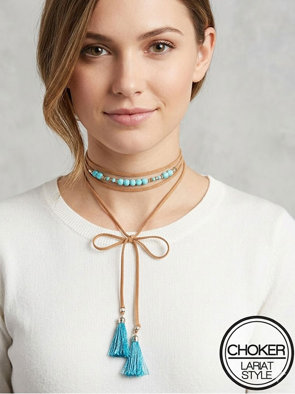 Semi precious stone bohemian style statement lariat choker necklace