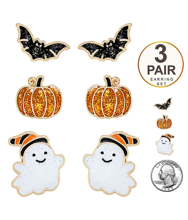 Halloween theme 3 pair earring set - bat pumpkin ghost