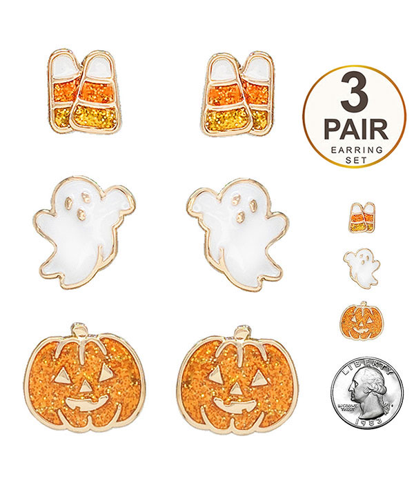 Halloween theme 3 pair earring set - ghost pumpkin candy
