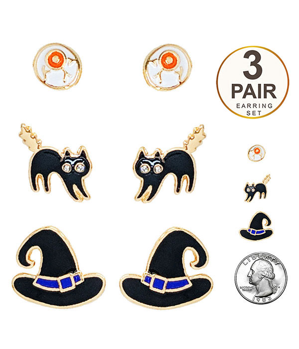 Halloween theme 3 pair earring set - cat witch hat