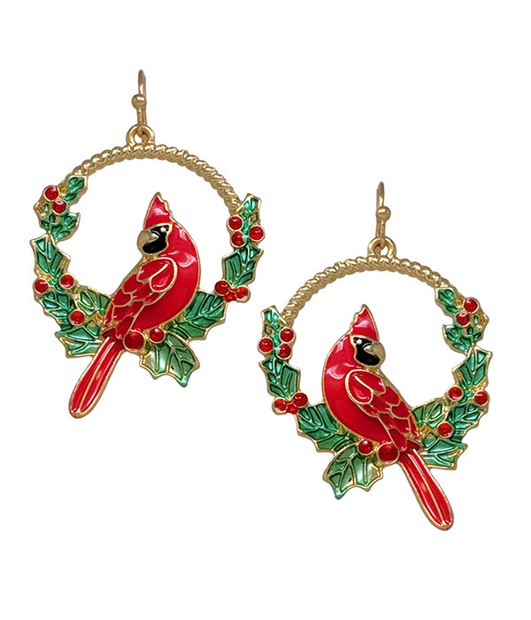 Cardinal on a wreath earring