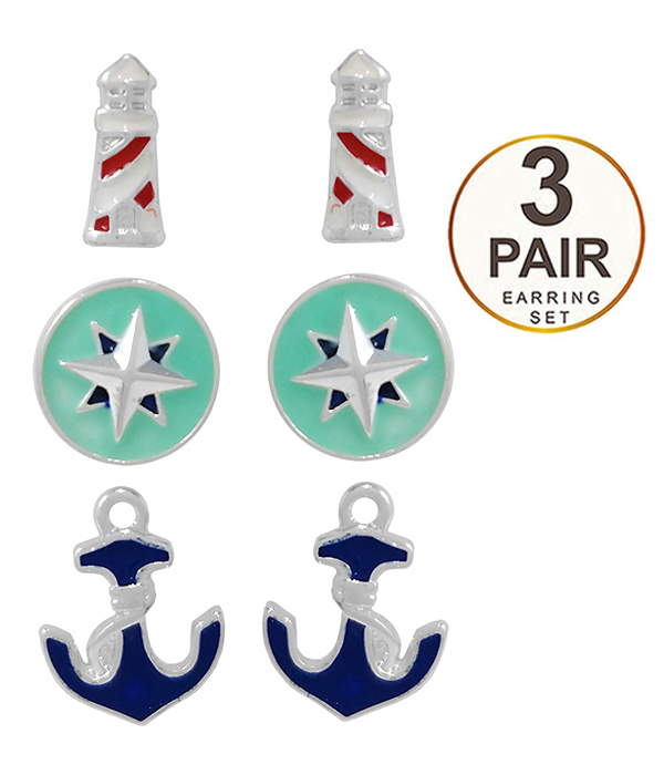 Nautical theme 3 pair earring set - anchor