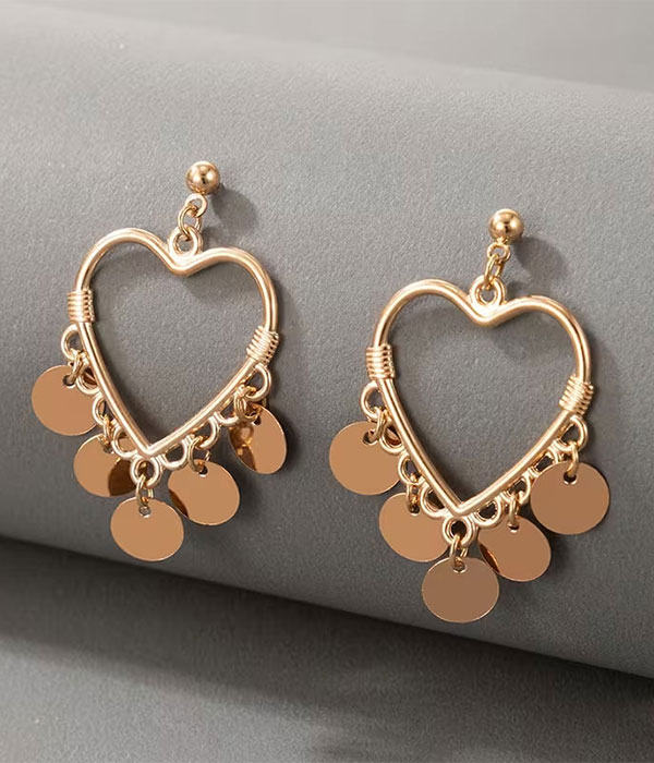 Heart charm coin drop earring