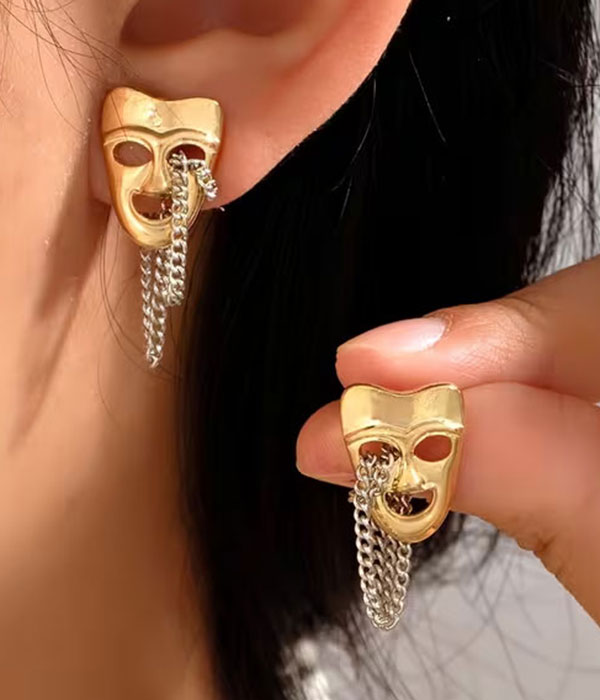 Theater mask chain drop earring