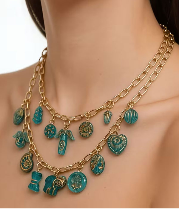 Double layer multi charm statement necklace