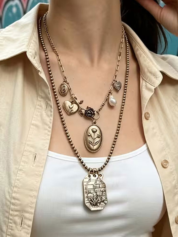 Double layer flower and coin charm necklace