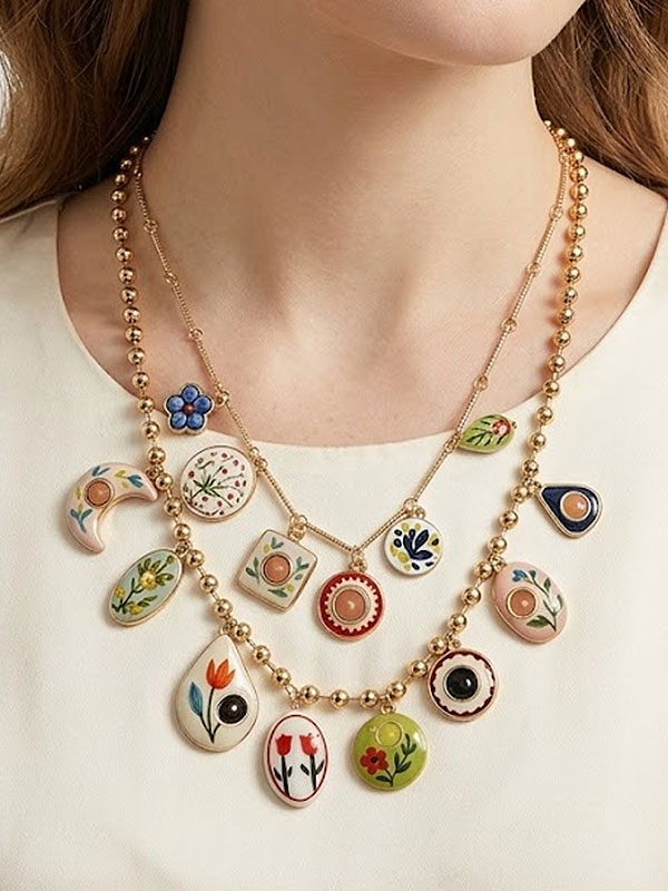 Vintage enamel charm double necklace set - flower