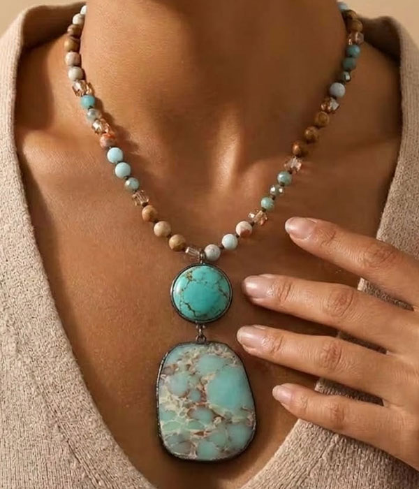 Turquoise pendant and natural stone bead necklace