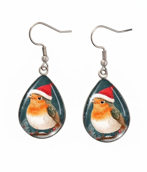 Christmas theme teardrop puffy glass earring - bird