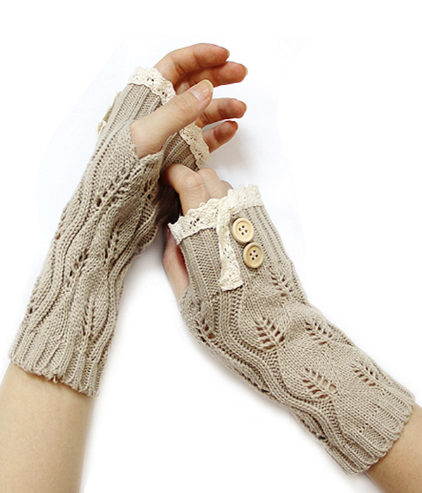 Vintage lace and double button accent open finger knit glove or arm warmers