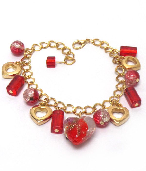 Murano glass vantentine hearts and beads charm bracelet -valentine