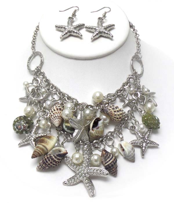 Multi pearl and sea life with metal star fish drop chain necklace earring set