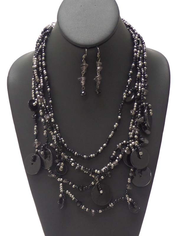 Multi shell disk and chip stone necklace earring set