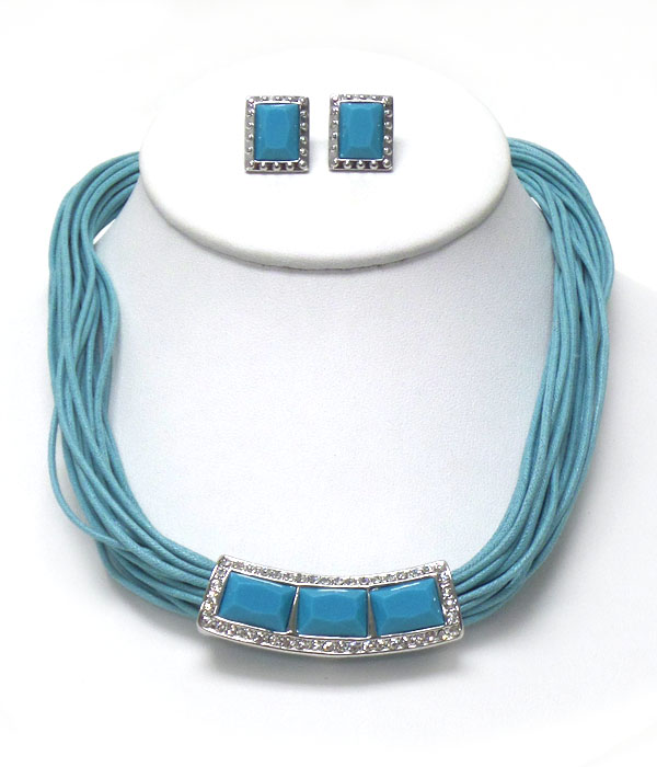Crystal and facet acrylic stone deco pendant and multi cord chain necklace earring set