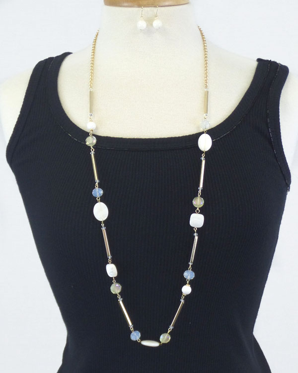 Glass and shell deco metal tube link long necklace earring set