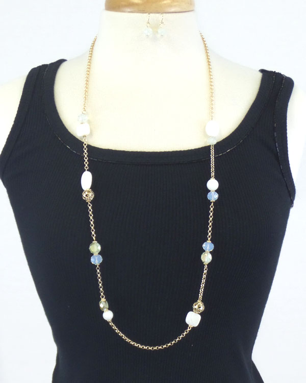 Glass and shell deco long necklace earring set