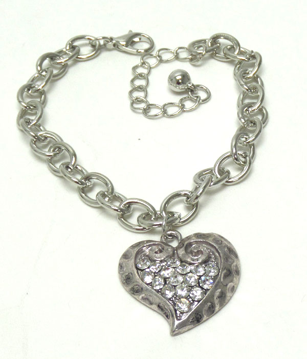 Crystal and hammered heart charm bracelet